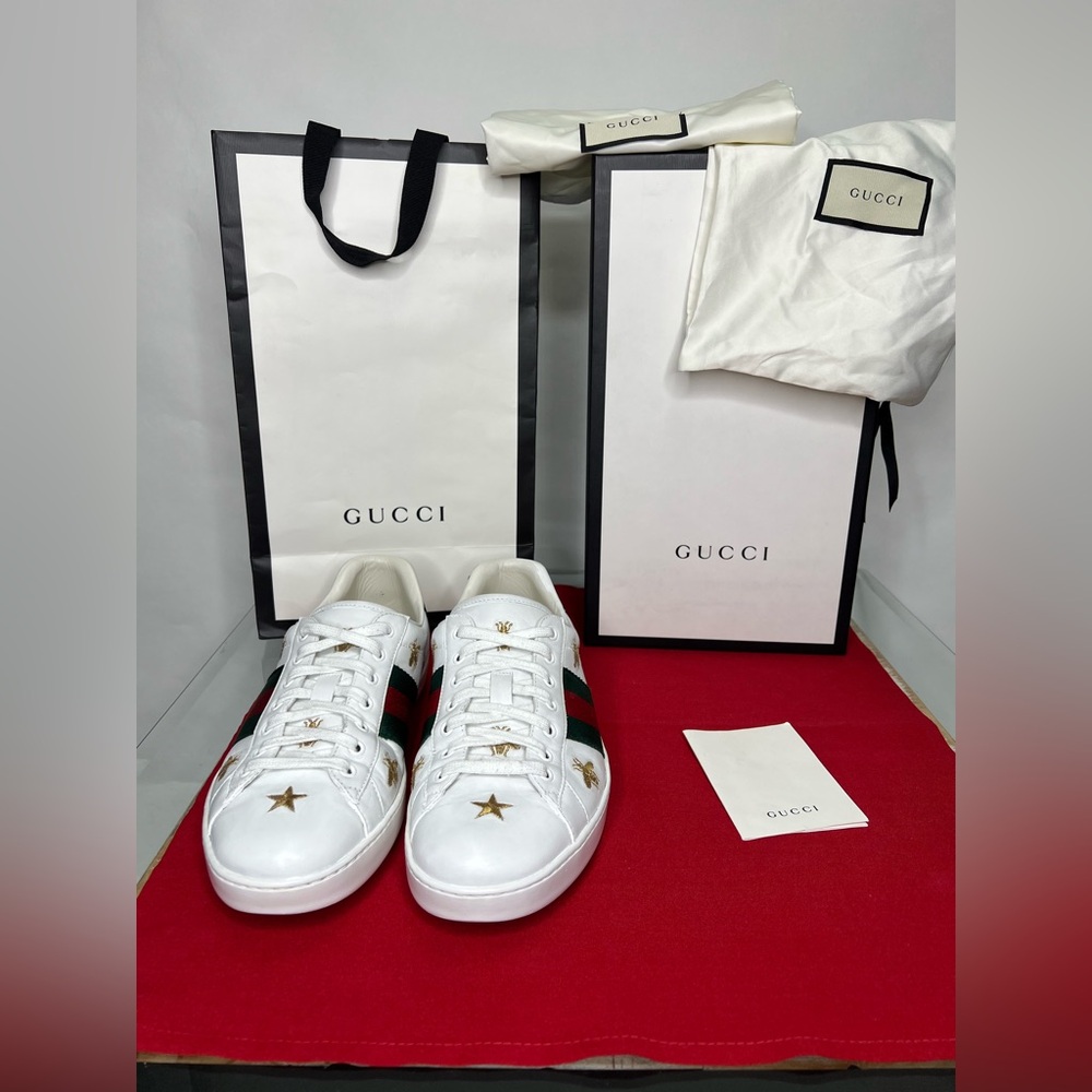 Gucci Ace Sneakers Embroidered Stitched White Green Gold Bees Stars - Picture 1 of 9
